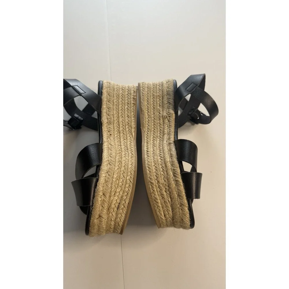 Black Faux Leather Espardrille Sandals Sz 8 With 2 1/2 Inch Heel Black No Box